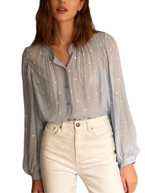 Veronica Beard Light Blue Silver Metallic Dot Silk Blend Long Sleeve Blouse